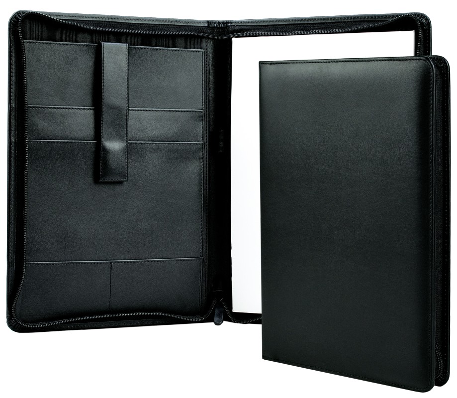 RV-Schreibmappe DIN A4 mit iPad Fach PREMIUM LEDER BOXCALF schwarz (glatt)